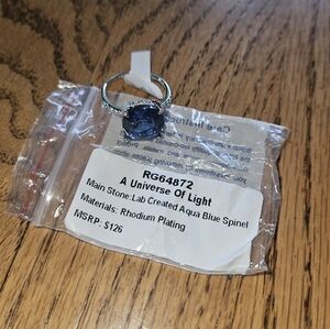 Bomb Party Lab Created Aqua Blue Spinel Ring with Rhodium Plating. Size 8.